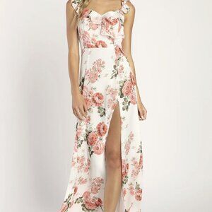 NWT Lulus Radiant Evening White Floral Print Ruffled Sleeveless Maxi Dress (SM)